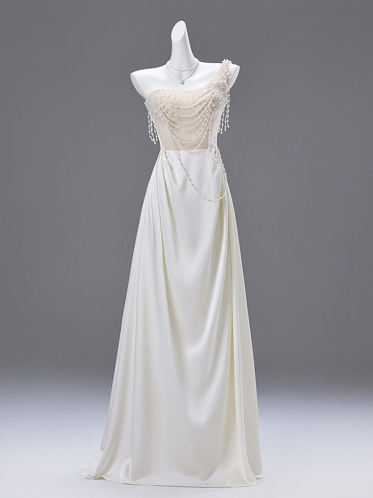 one shoulder prom dress white One-Shoulder Long with Train Off White / 3XLarge evening party or any other occasions One Shoulder Sweetheart White Beaded