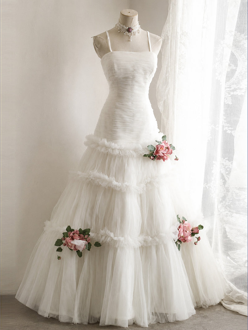 Elegant Sweep Train White Prom Dress with Layered Tulle Skirt US 12 / White