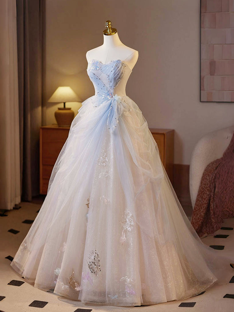sparkly champagne dresses Sparkling Tulle Long Prom Dress, Beautiful A-Line Strapless Evening Party Dress US 10 / Champagne