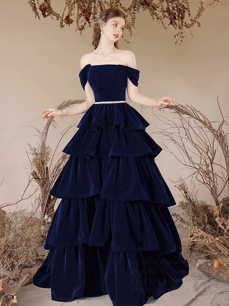 A-Line Off Shoulder Velvet Dark Blue Long Prom Dress, Dark Blue Long Formal Dress US 14 / Custom Color A-Line Off Shoulder Velvet Dark Blue Long Prom Dress, Dark Blue Long Formal Dress US 14 / Custom Color