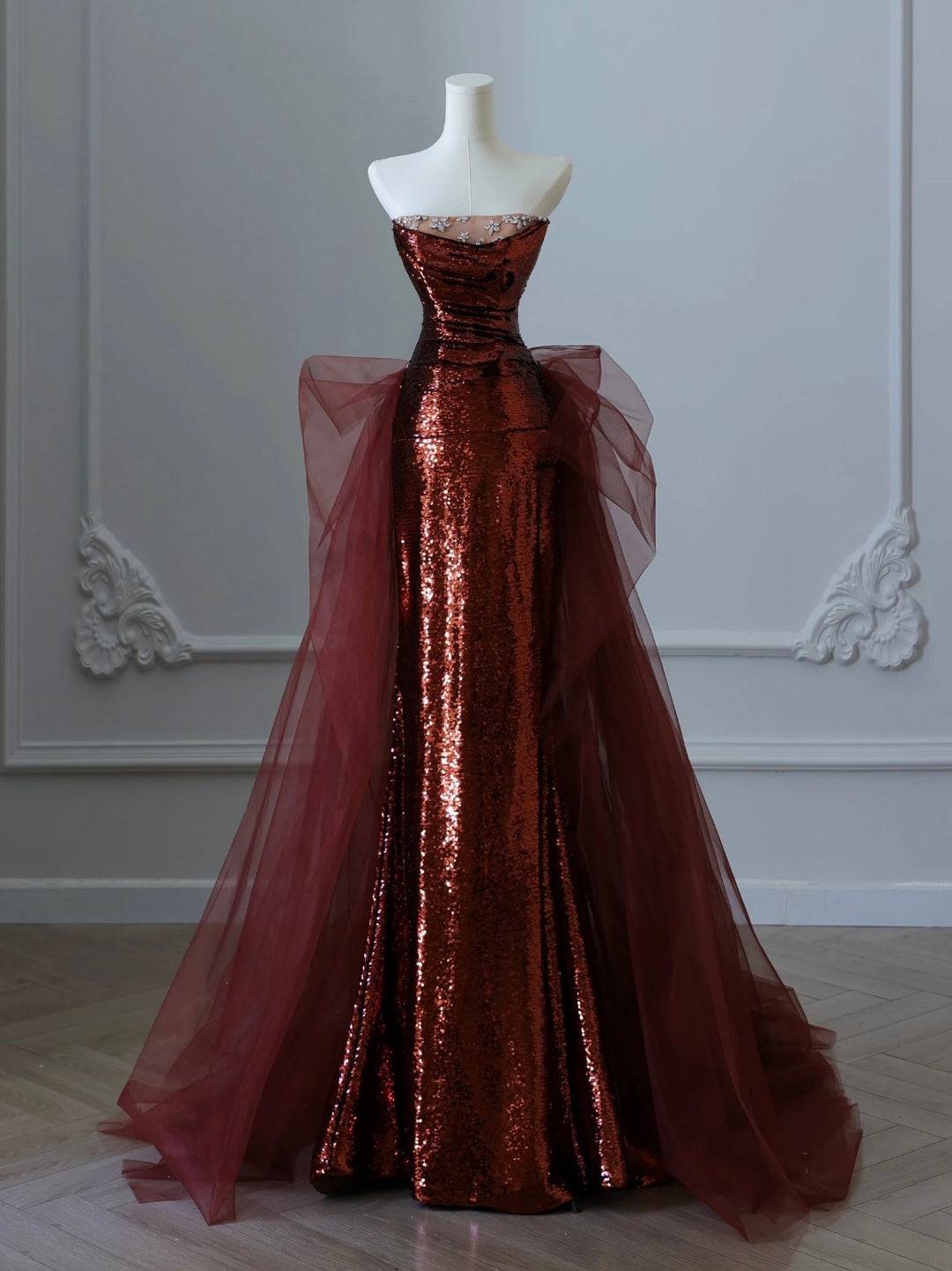 A-Line Floor Length Tulle Sequin Burgundy Prom Dress