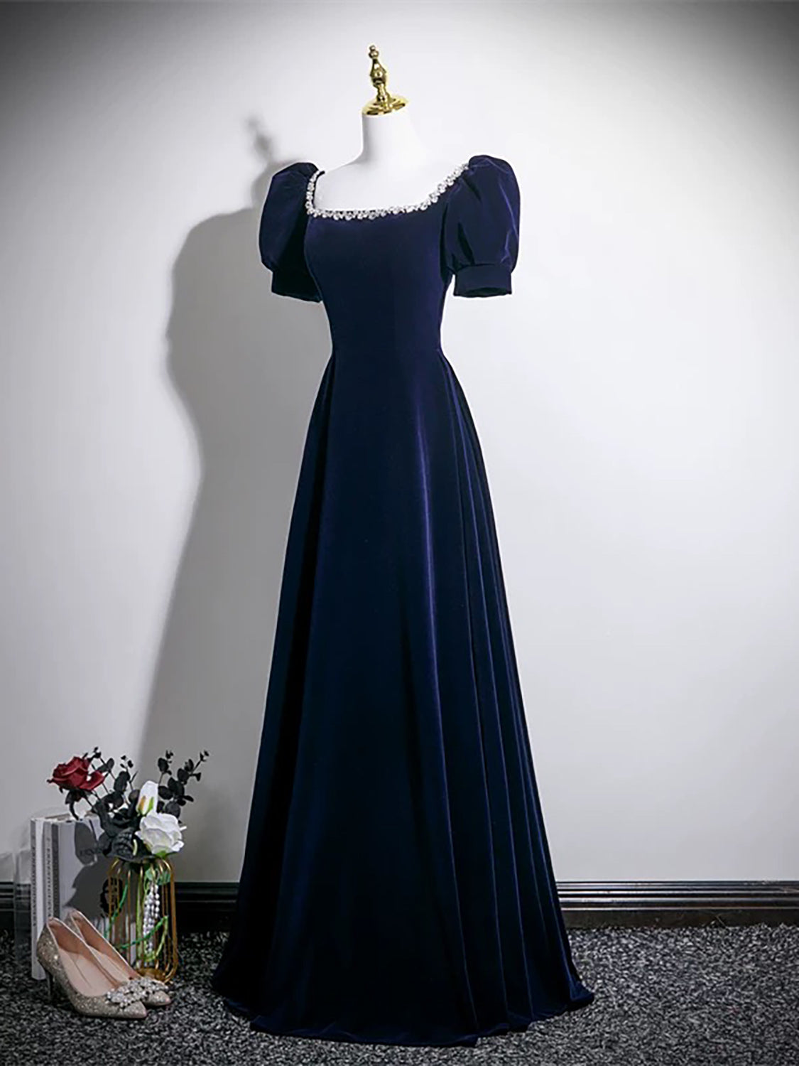 A-line Square Neckline Velvet Dark Blue Long Prom Dress with Beads
