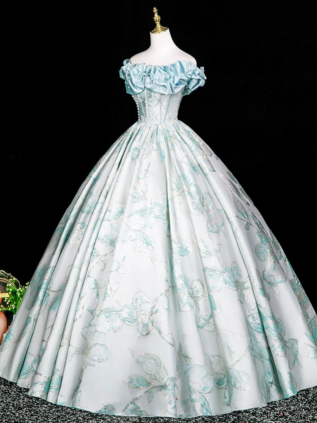 A-line Floor Length Printed Satin Blue Long Prom Dress with Beads