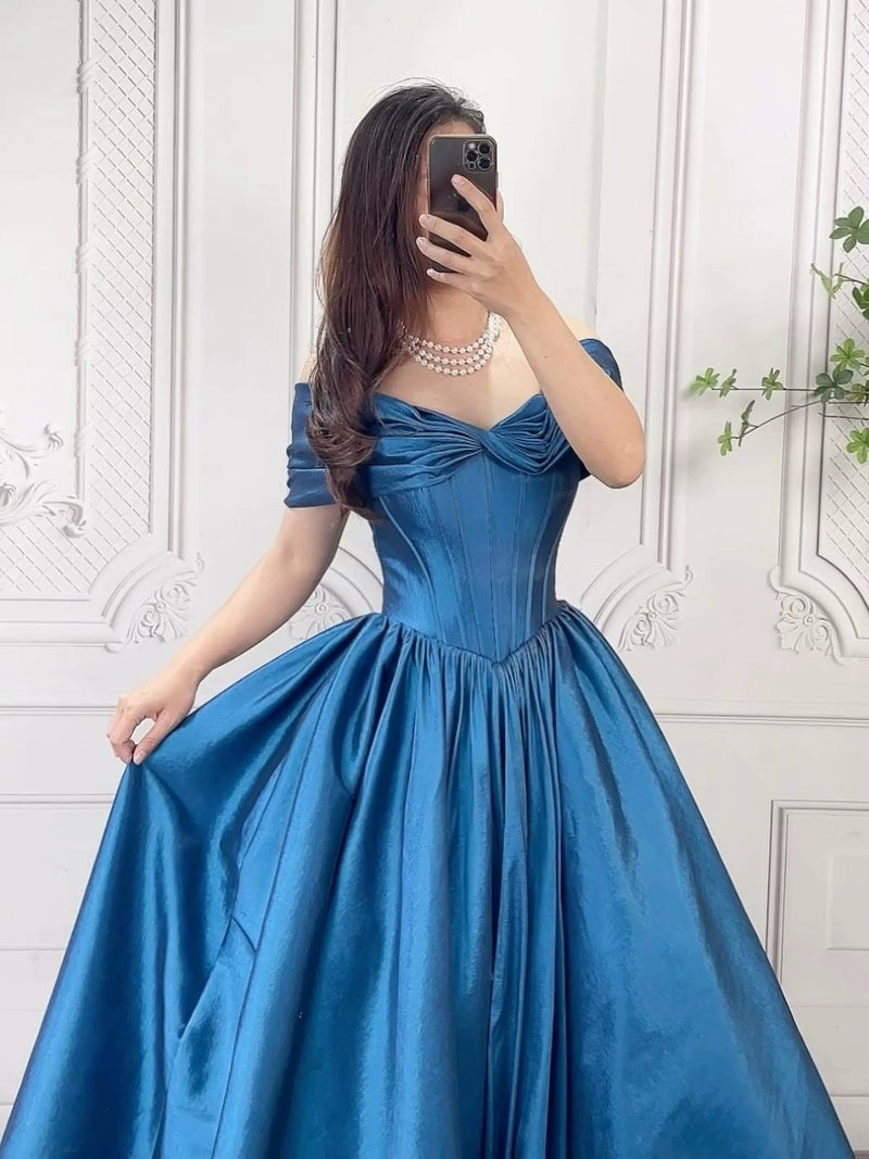 A-Line Off Shoulder Blue Long Prom Dress, Blue Long Formal Dress Custom Size / Blue A-Line Off Shoulder Blue Long Prom Dress, Blue Long Formal Dress Custom Size / Blue
