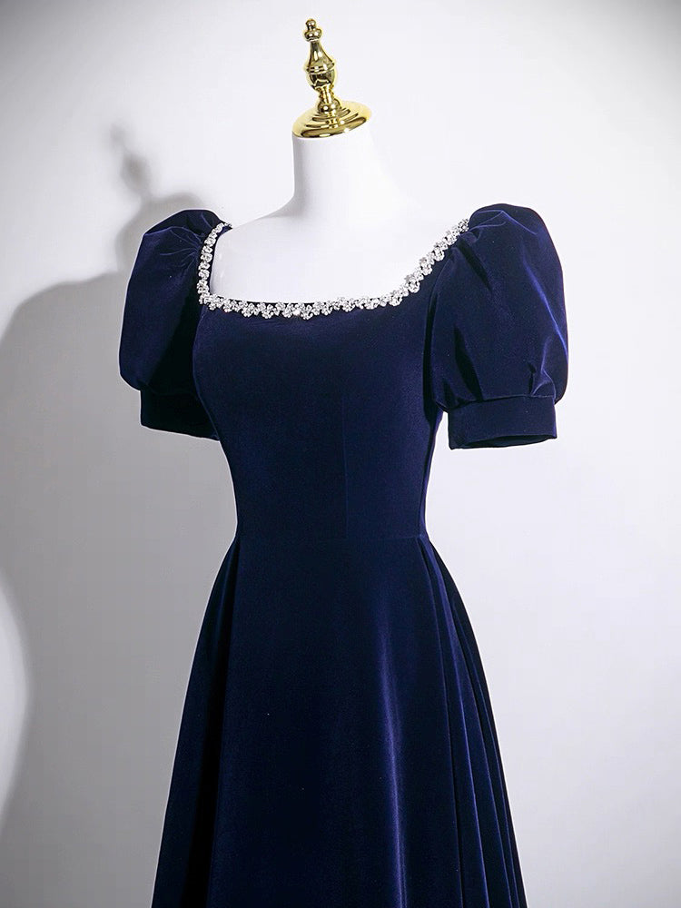 A-line Square Neckline Velvet Dark Blue Long Prom Dress with Beads