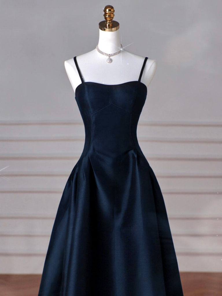 Simple A-Line Dark Blue Satin Long Prom Dress, Dark Blue Long