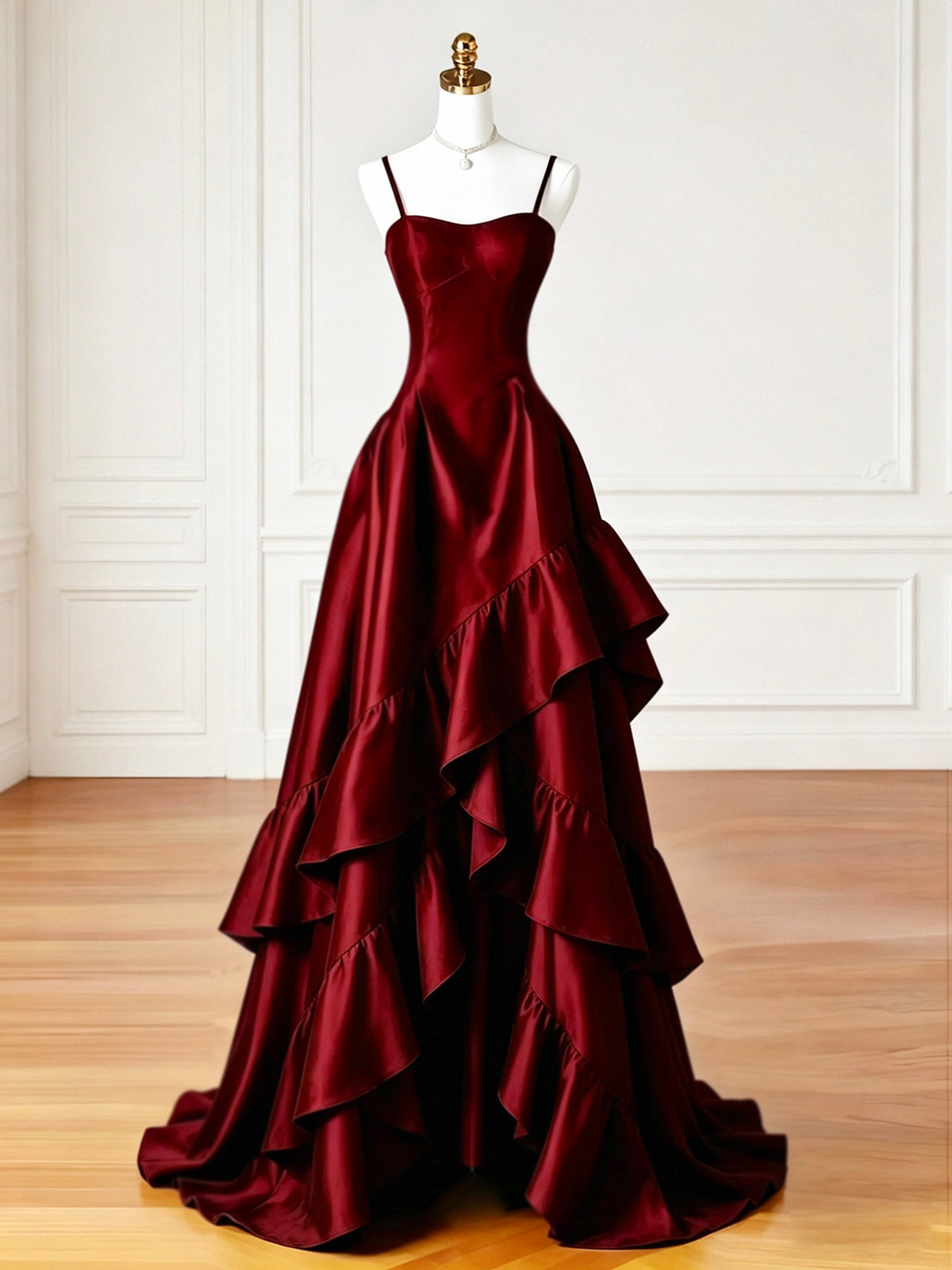 A-line Sweetheart Satin Ruffles Burgundy Long Prom Dress