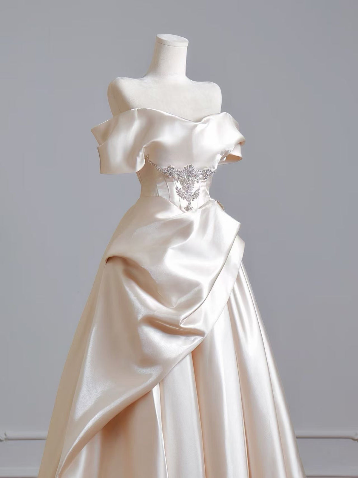 Off Shoulder Satin Floor Length Champagne Long Prom Dress with Beads