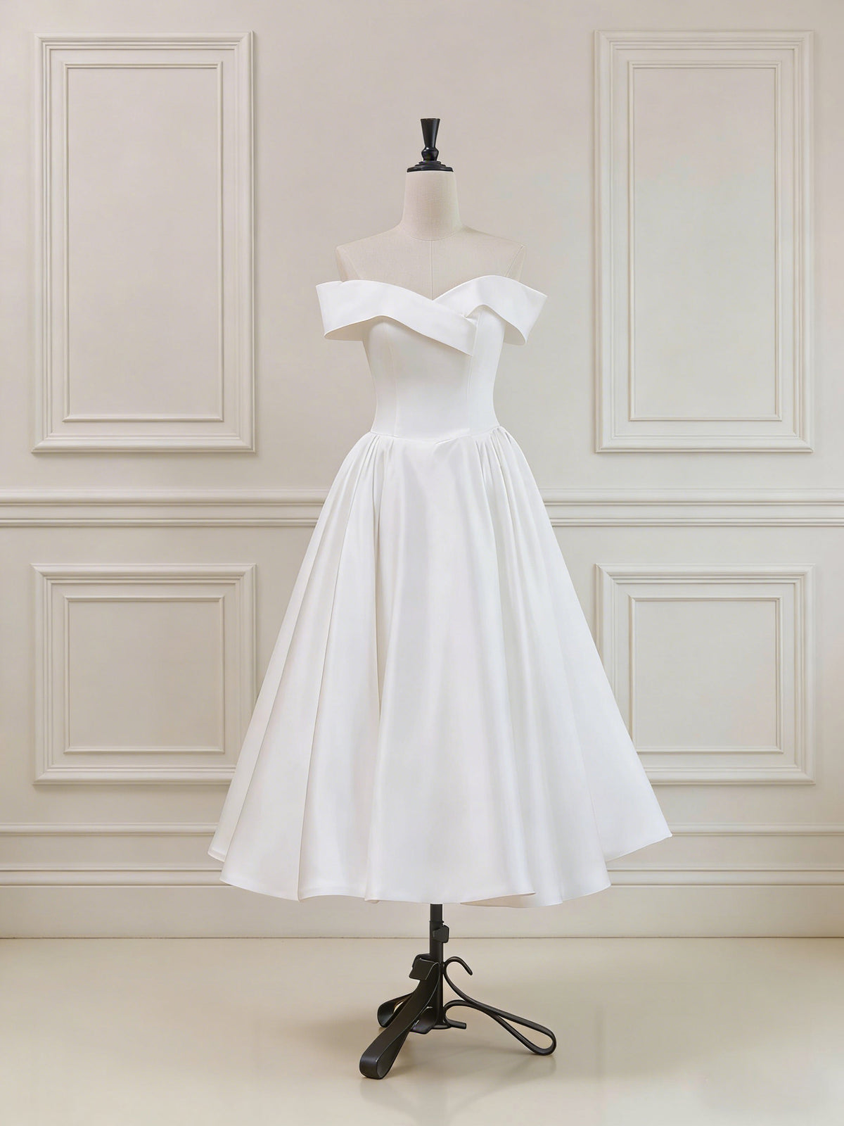 White A-Line Off Shoulder Satin Short Prom Dress