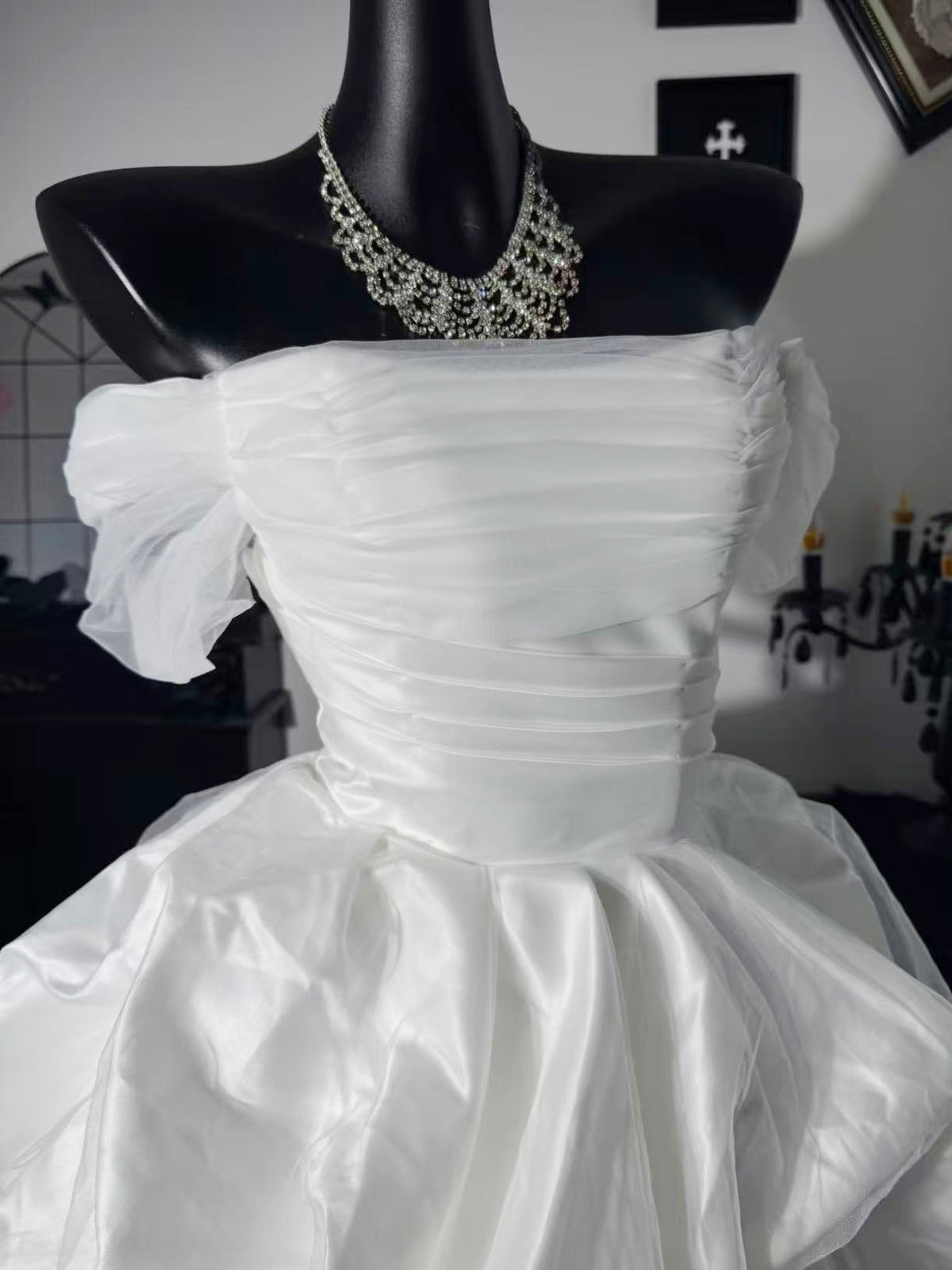 A-line Off Shoulder Tulle Satin White Short Homecoming Dress