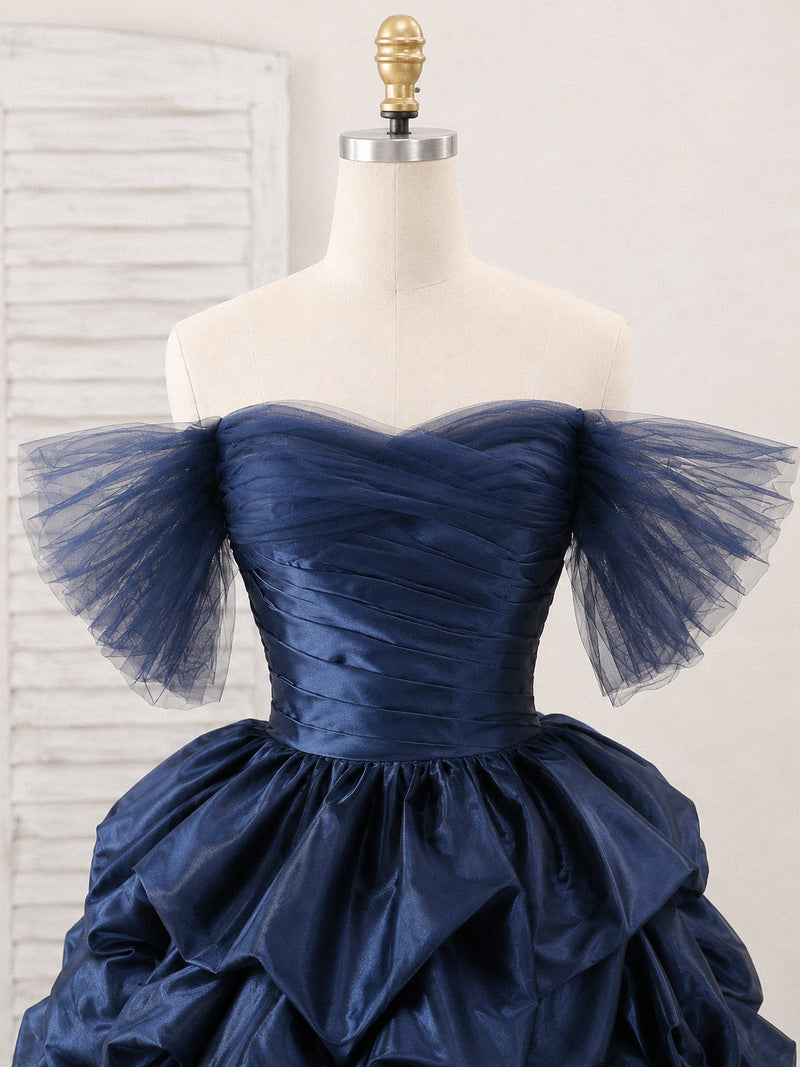 Dark Blue Sweetheart Off Shoulder Tulle Short Prom Dress, Cute Homecom – shopluu