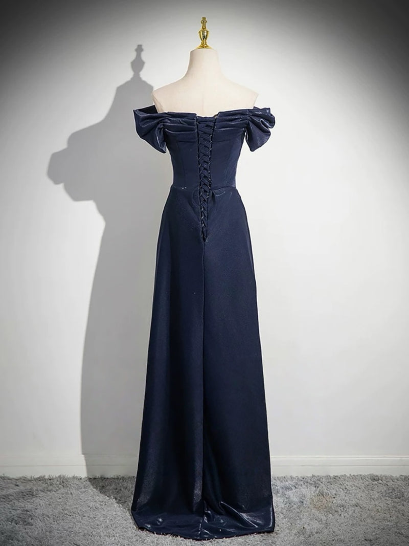A-Line Off Shoulder Satin Dark Blue Long Prom Dress – shopluu