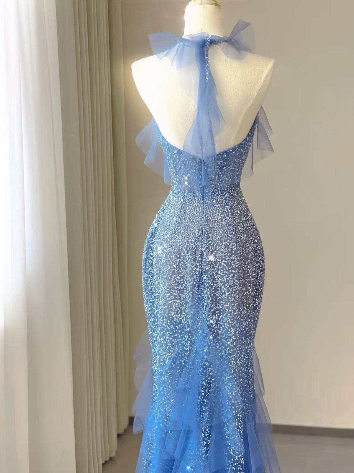 Mermaid Tulle Sequin Floor Length Blue Prom Dress