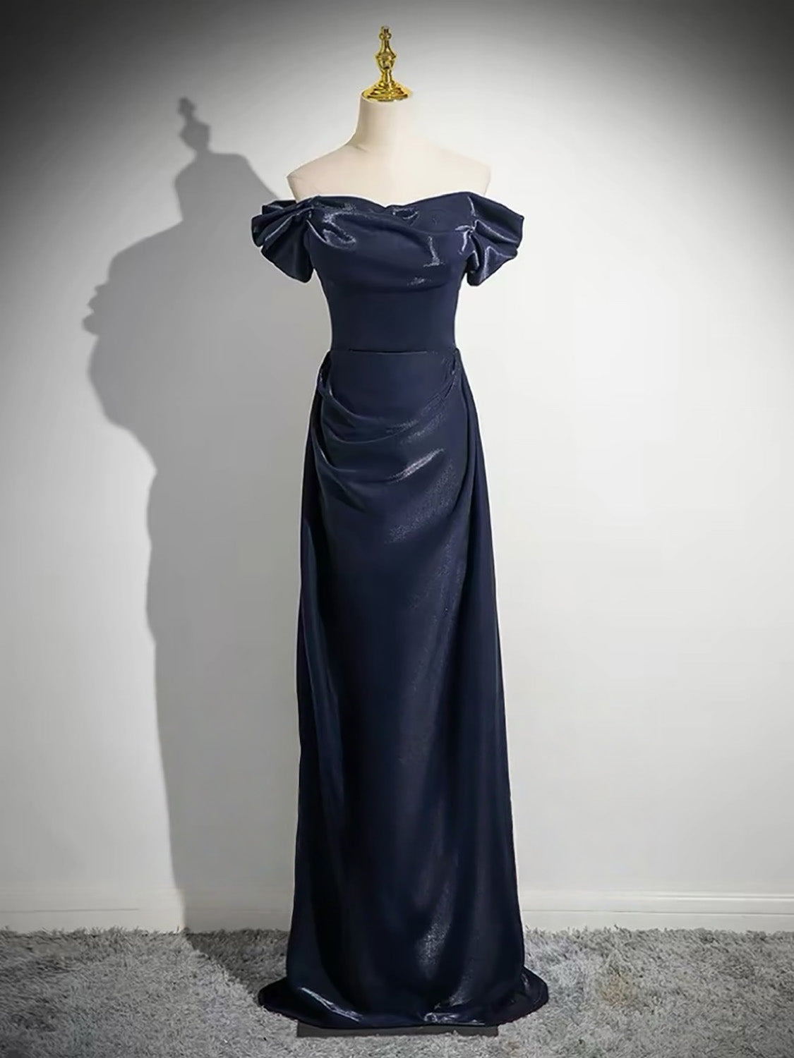 A-Line Off Shoulder Satin Dark Blue Long Prom Dress