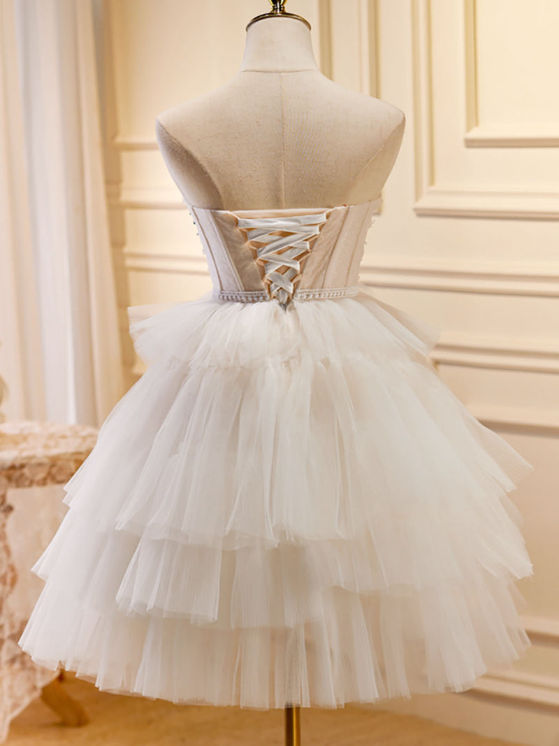 Beige Sweetheart Neck Tulle Puffy Short Prom Dress, Beige Homecoming D – shopluu