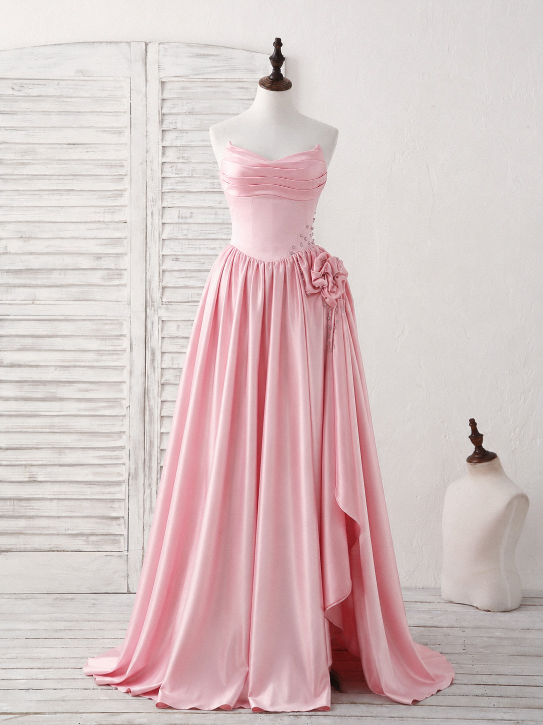 A-line Satin Floor Length Pink Long Prom Dress with Flower Beads