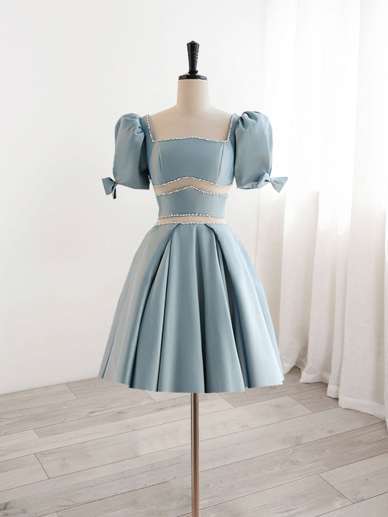 A-Line Square Neckline Blue Short Prom Dress, Cute Blue Homecoming Dre shopluu A-Line Square Neckline Blue Short Prom Dress, Cute Blue Homecoming Dre shopluu