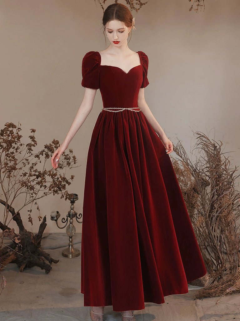 Lovely Velvet Long Prom Dress, Burgundy A-Line Short Sleeve Evening Dress US 8 / Burgundy Lovely Velvet Long Prom Dress, Burgundy A-Line Short Sleeve Evening Dress US 8 / Burgundy