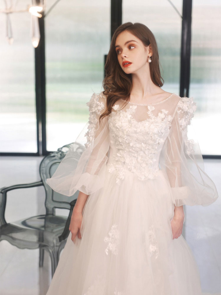 A Line Round Neck Long Sleeves White Lace Long Prom Dresses, White Lace Formal Graduation Dresses, US 6 / Picture Color / No Rush A Line Round Neck Long Sleeves White Lace Long Prom Dresses, White Lace Formal Graduation Dresses, US 6 / Picture Color / No Rush