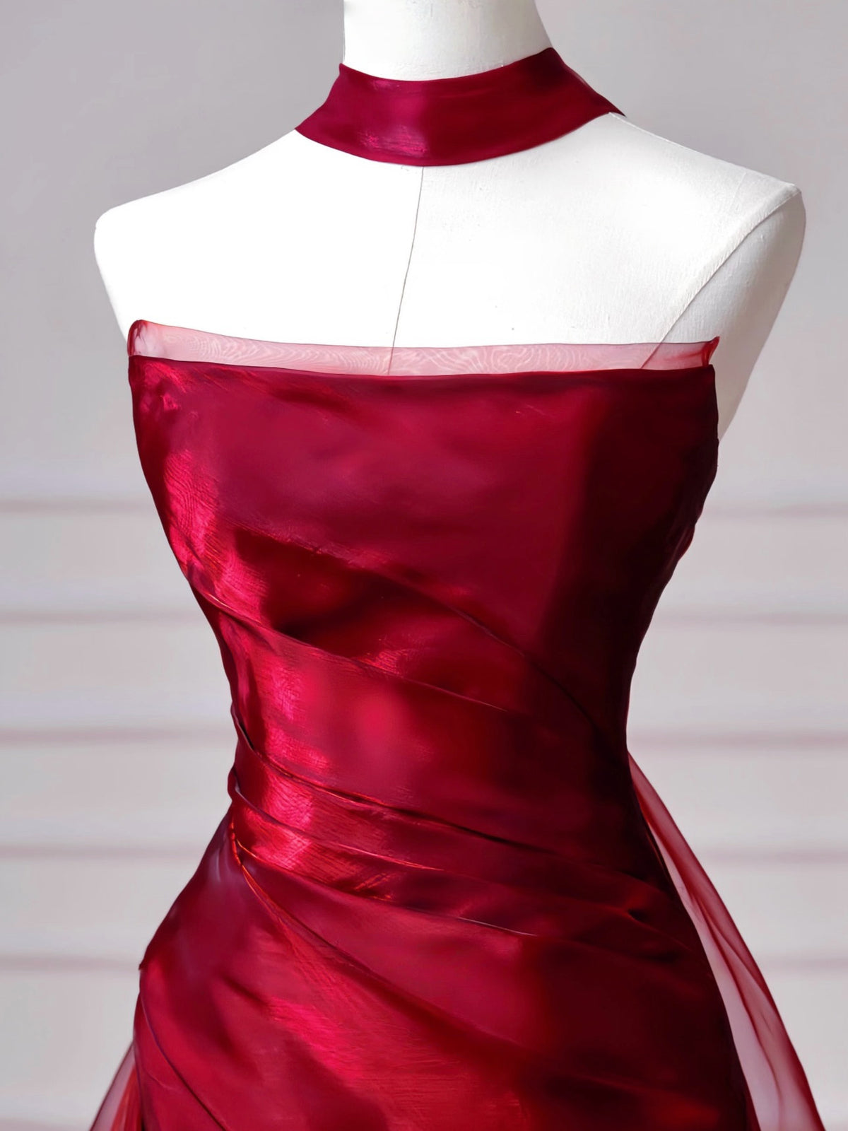 A-Line Off Shoulder Sweep Train Satin Organza Burgundy Long Prom Dress