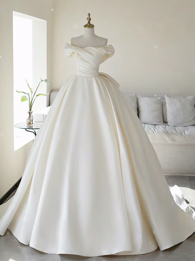 Simple A-line Off The Shoulder Satin ivory Long Wedding Dress, Champagne / 14 Simple A-line Off The Shoulder Satin ivory Long Wedding Dress, Champagne / 14