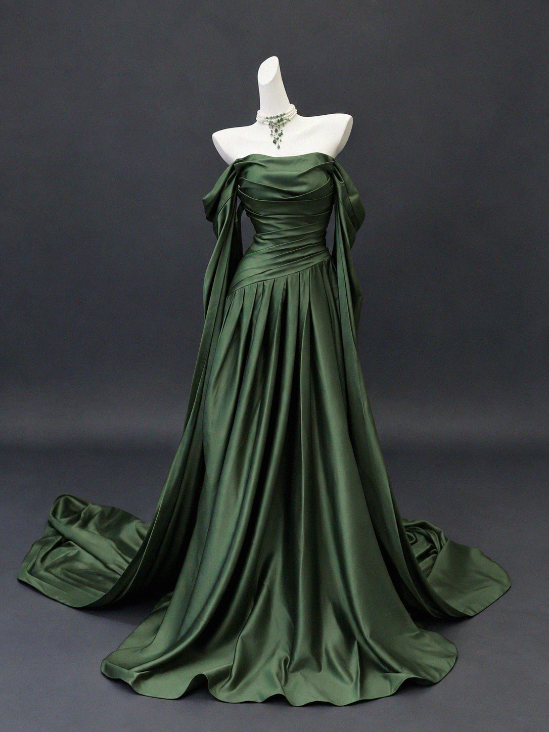 A-Line Off Shoulder Sweep Train Satin Green Long Prom Dress