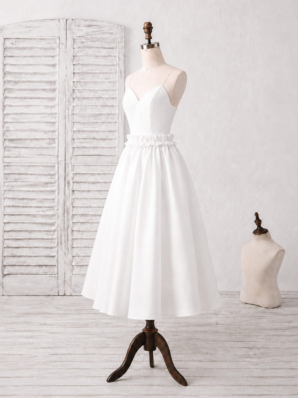 Simple V Neck Satin Tea Length White Prom Dress