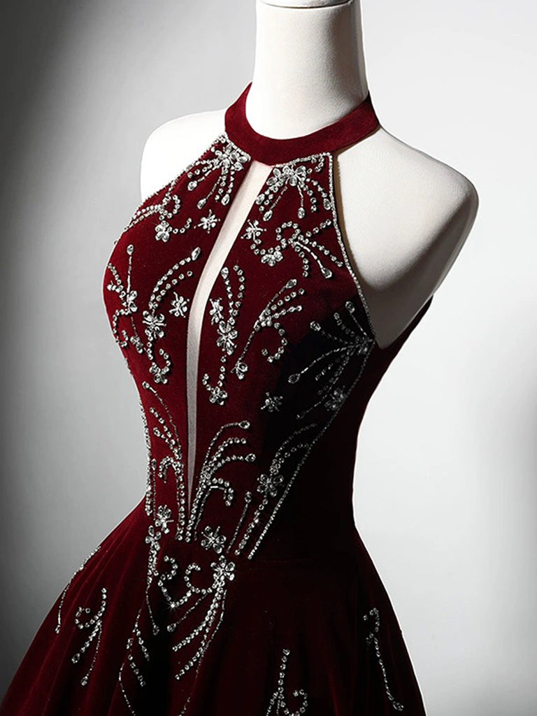 A-Line Velvet Sequin Beads Burgundy Long Prom Dress, Burgundy Long For shopluu A-Line Velvet Sequin Beads Burgundy Long Prom Dress, Burgundy Long For shopluu