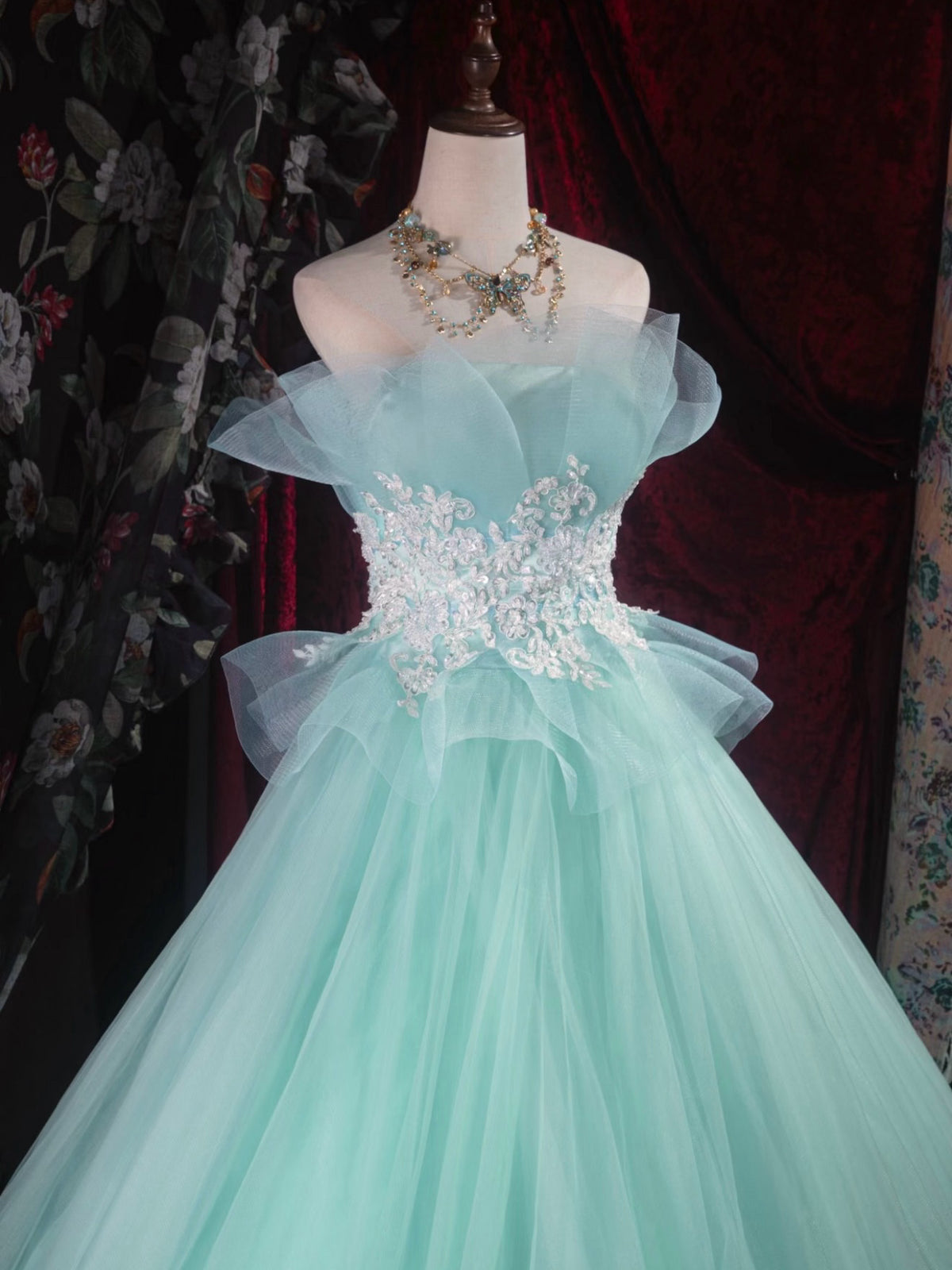 A-Line Floor Length Lace Tulle Blue Green Long Prom Dress