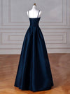 Simple A-Line Dark Blue Satin Long Prom Dress, Dark Blue Long Formal Dress