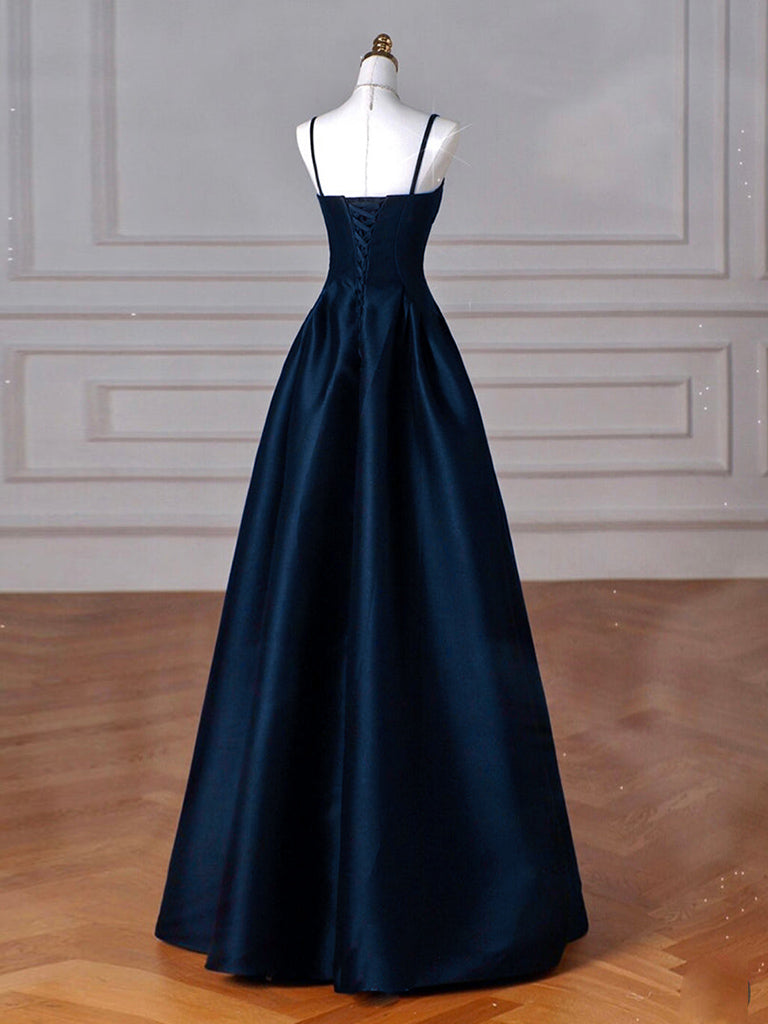 Simple A-Line Dark Blue Satin Long Prom Dress, Dark Blue Long