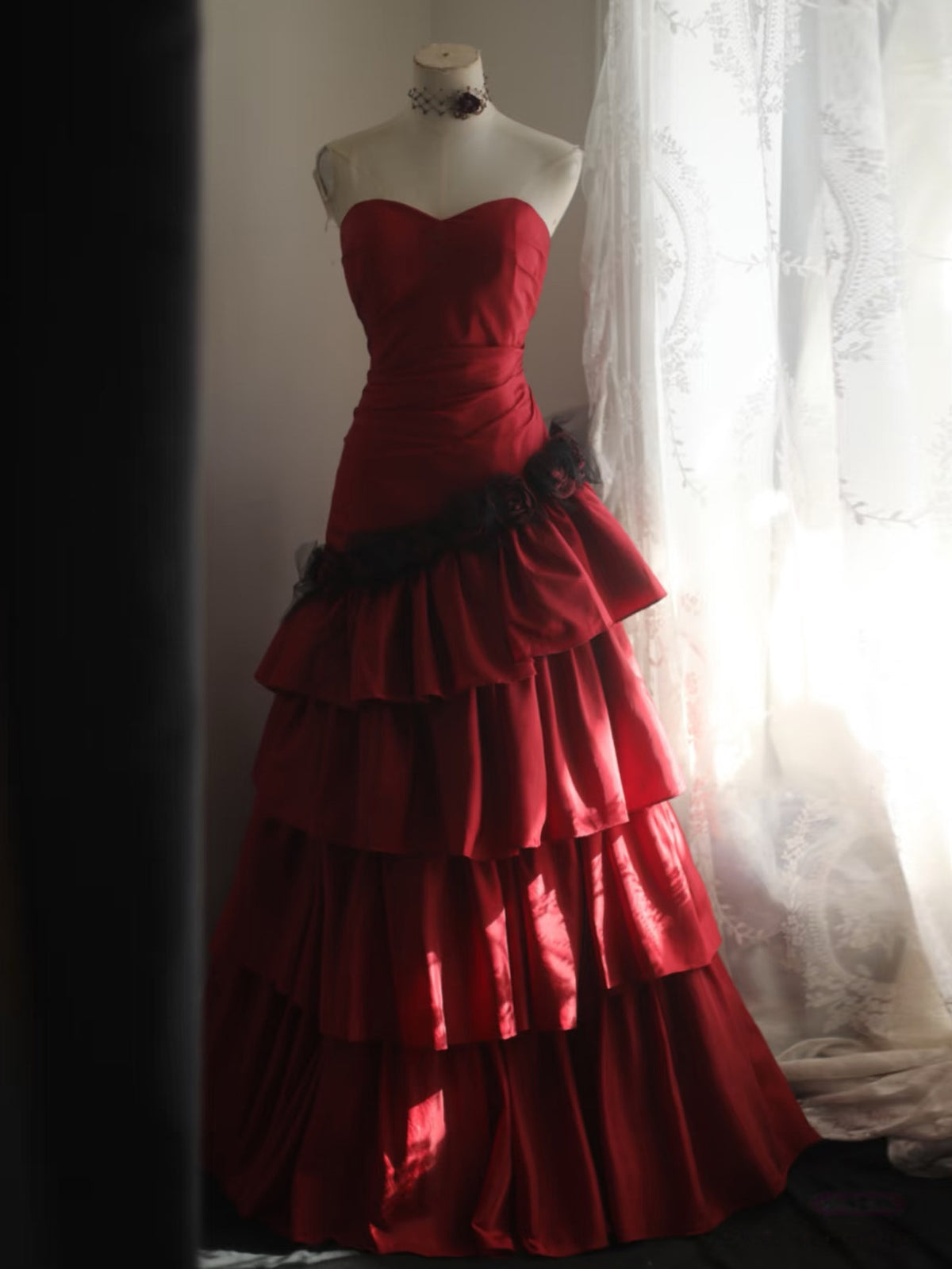 A-Line Sweetheart Neck Taffeta Burgundy Long Prom Dress, Burgundy Evening Dress