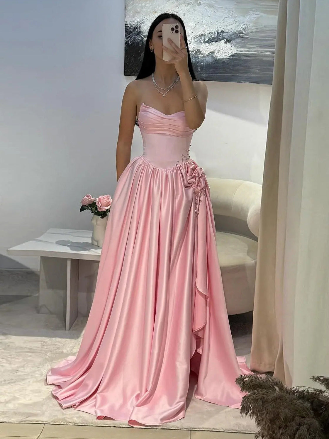 A-line Satin Floor Length Pink Long Prom Dress with Flower Beads