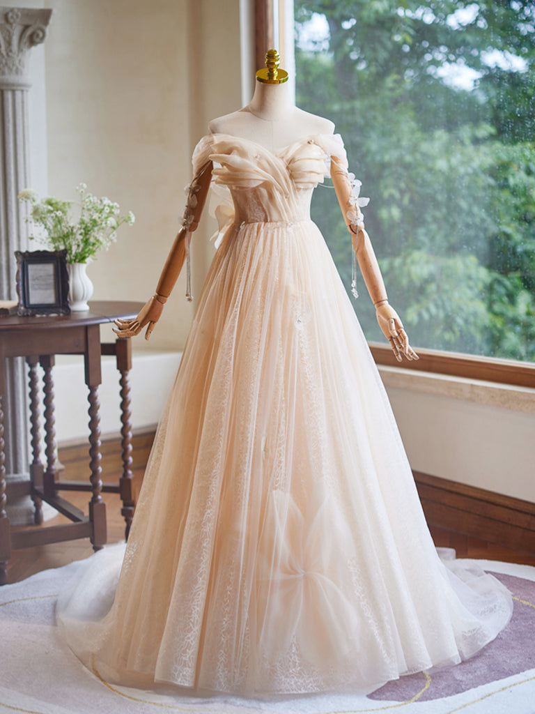 Champagne Tulle Floor Length Prom Dress, A-Line Sleeveless Backless Evening Party Dress US 8 / Champagne Champagne Tulle Floor Length Prom Dress, A-Line Sleeveless Backless Evening Party Dress US 8 / Champagne