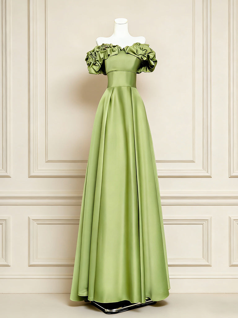 A-Line Floor Length Off Shoulder Satin Green Long Prom Dress