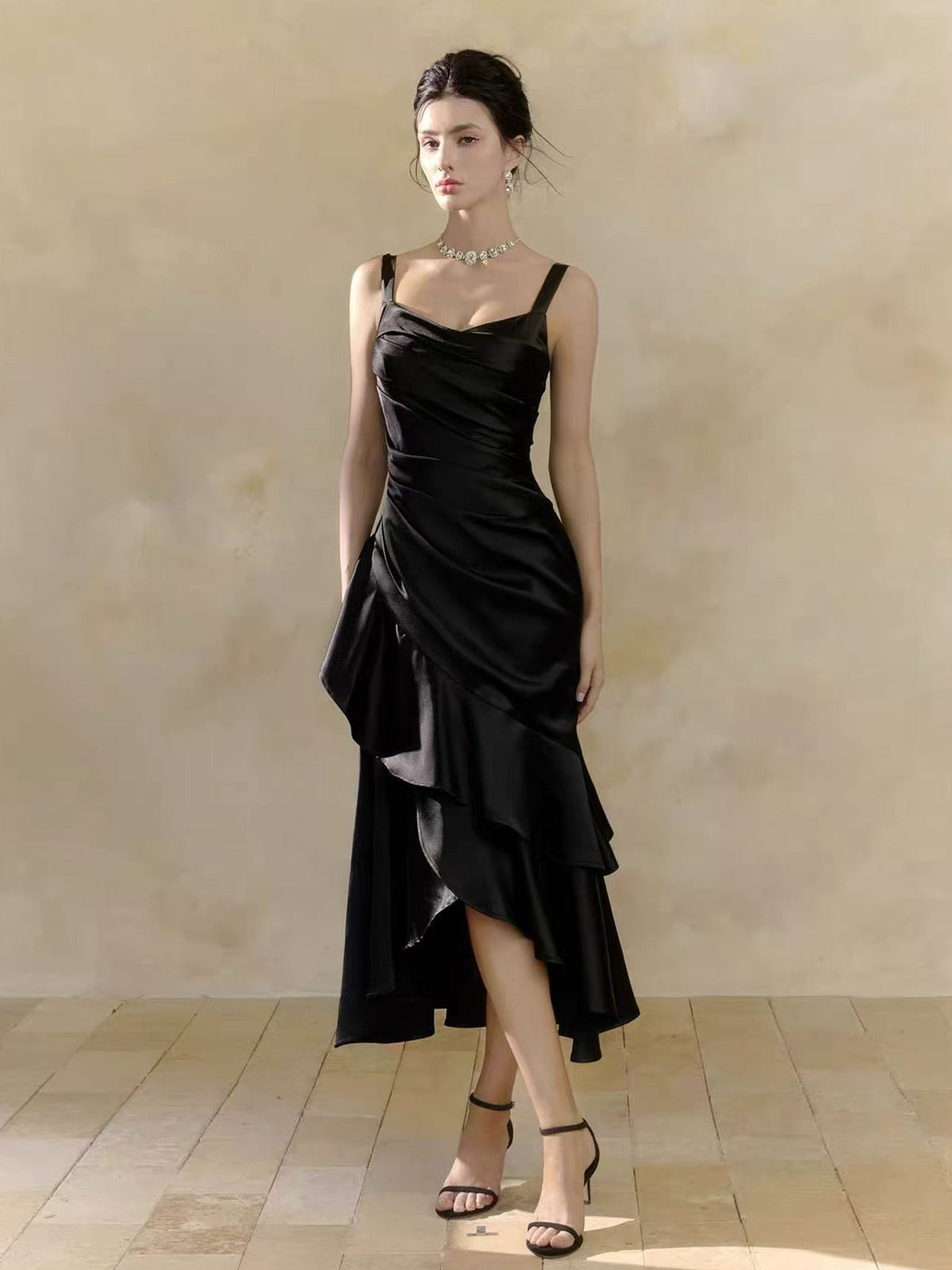 Simple Mermaid Satin Tea Length Black Prom Dress, Black Evening Dress