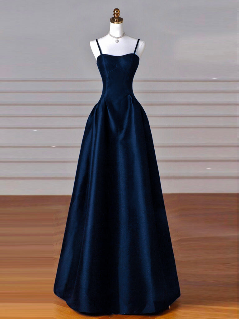Dark Navy Blue Satin Long Prom Dresses, Strapless Dark Blue Long Formal Evening Dresses, Custom Size / Blue as Pics / With Rush+$19.99