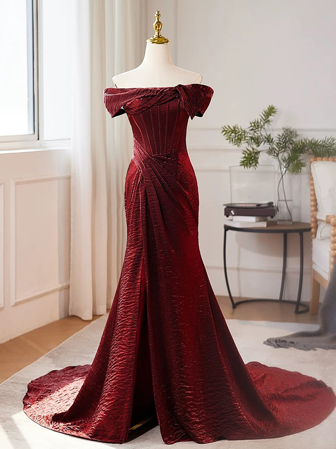 Mermaid Off Shoulder Burgundy Long Prom Dress, Burgundy Long Evening Dress