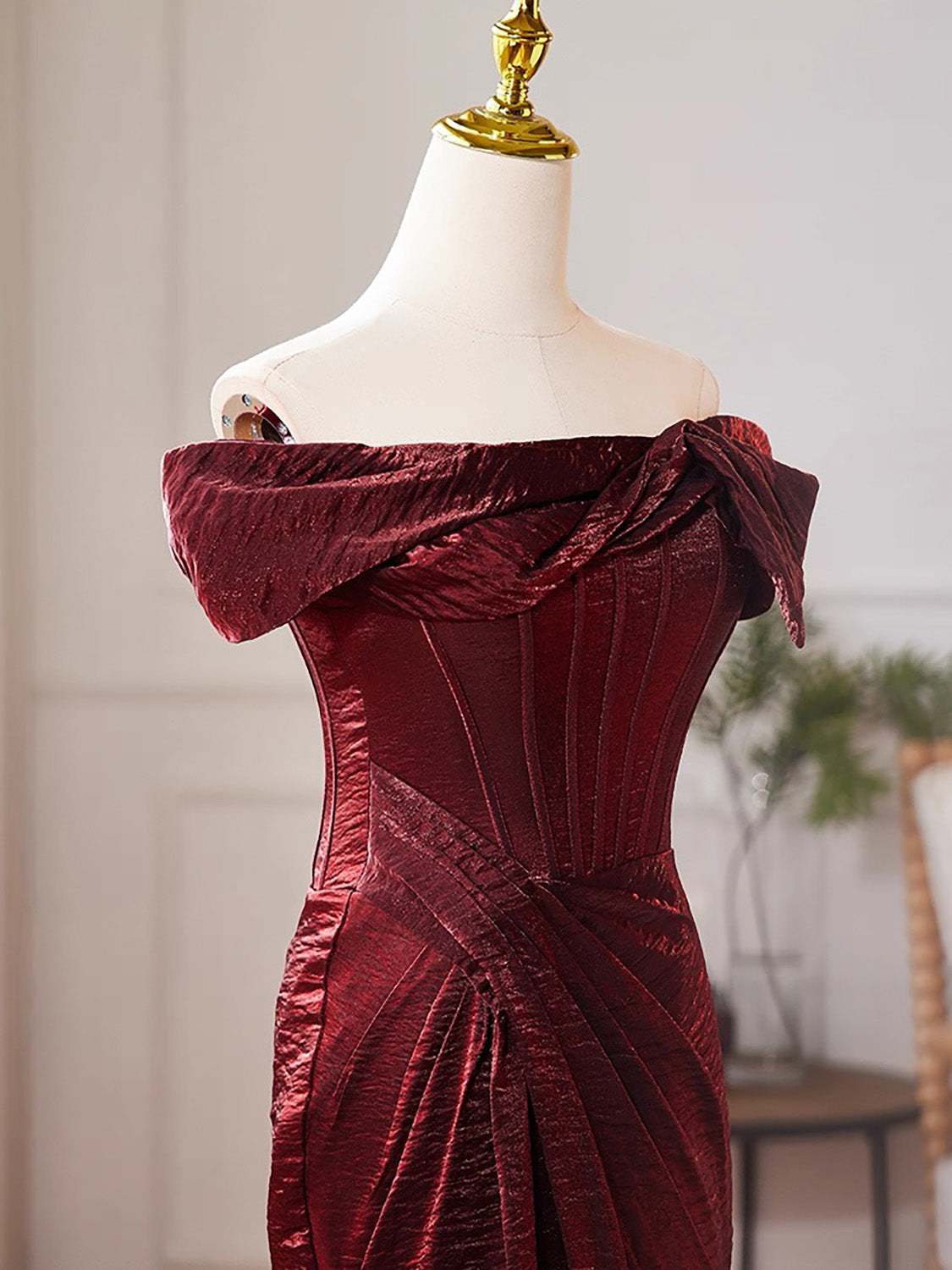 Mermaid Off Shoulder Burgundy Long Prom Dress, Burgundy Long Evening Dress