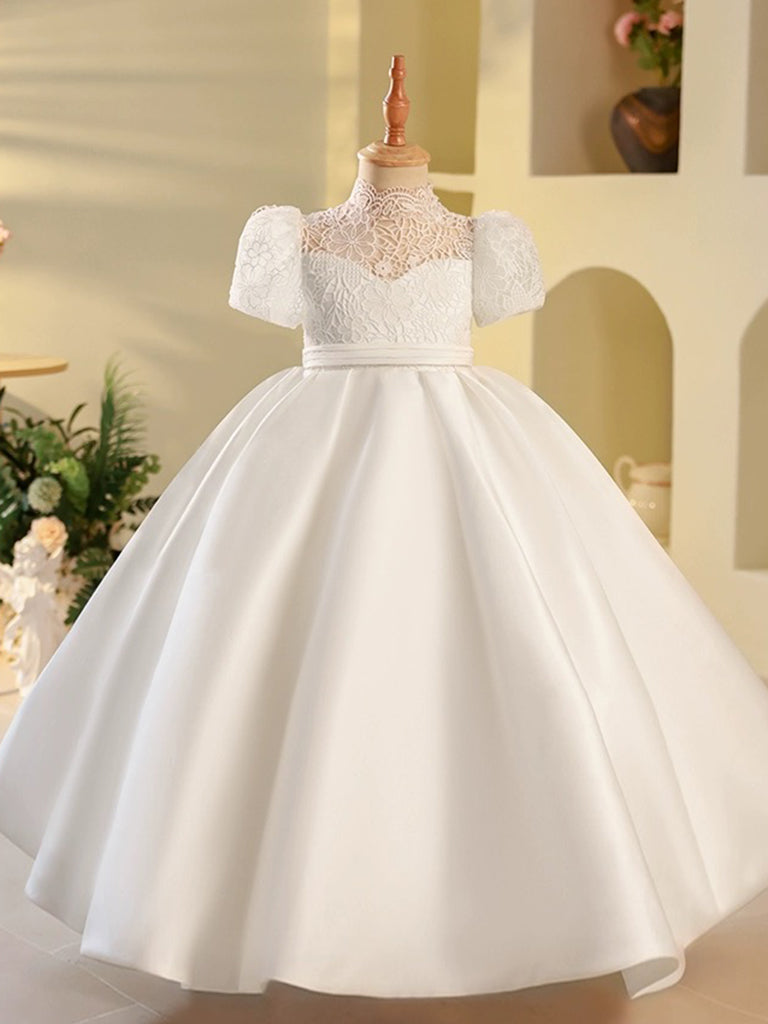 White High Neck Lace Satin Flower Girl Dress