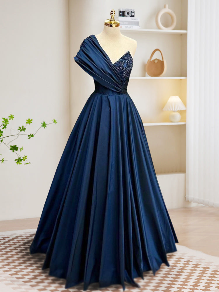 A-Line One Shoulder Satin Beads Dark Blue Long Prom Dress, Blue