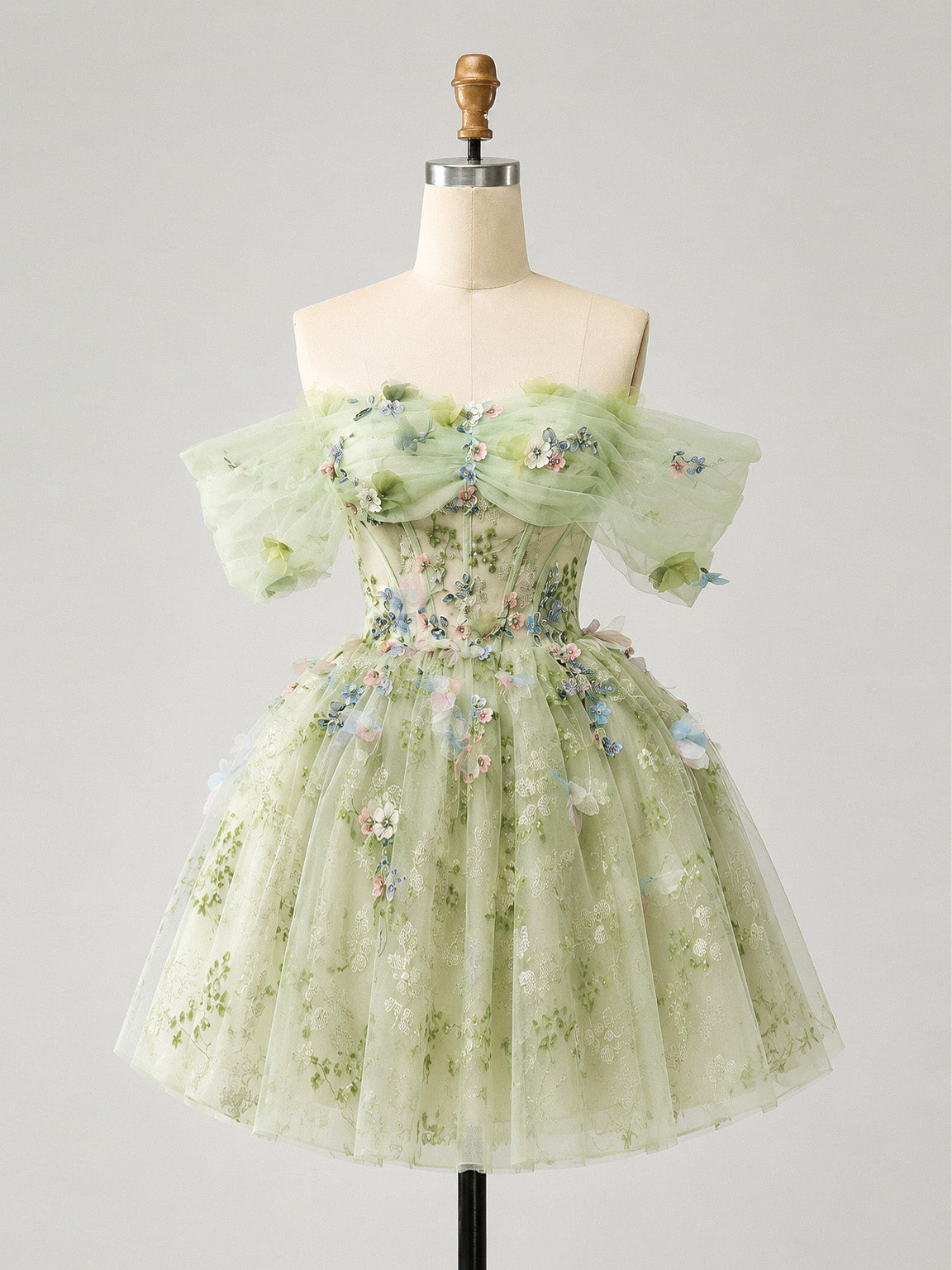 A-line Off Shoulder Tulle Lace Short Green Prom Dress,Cute Homecoming Dres