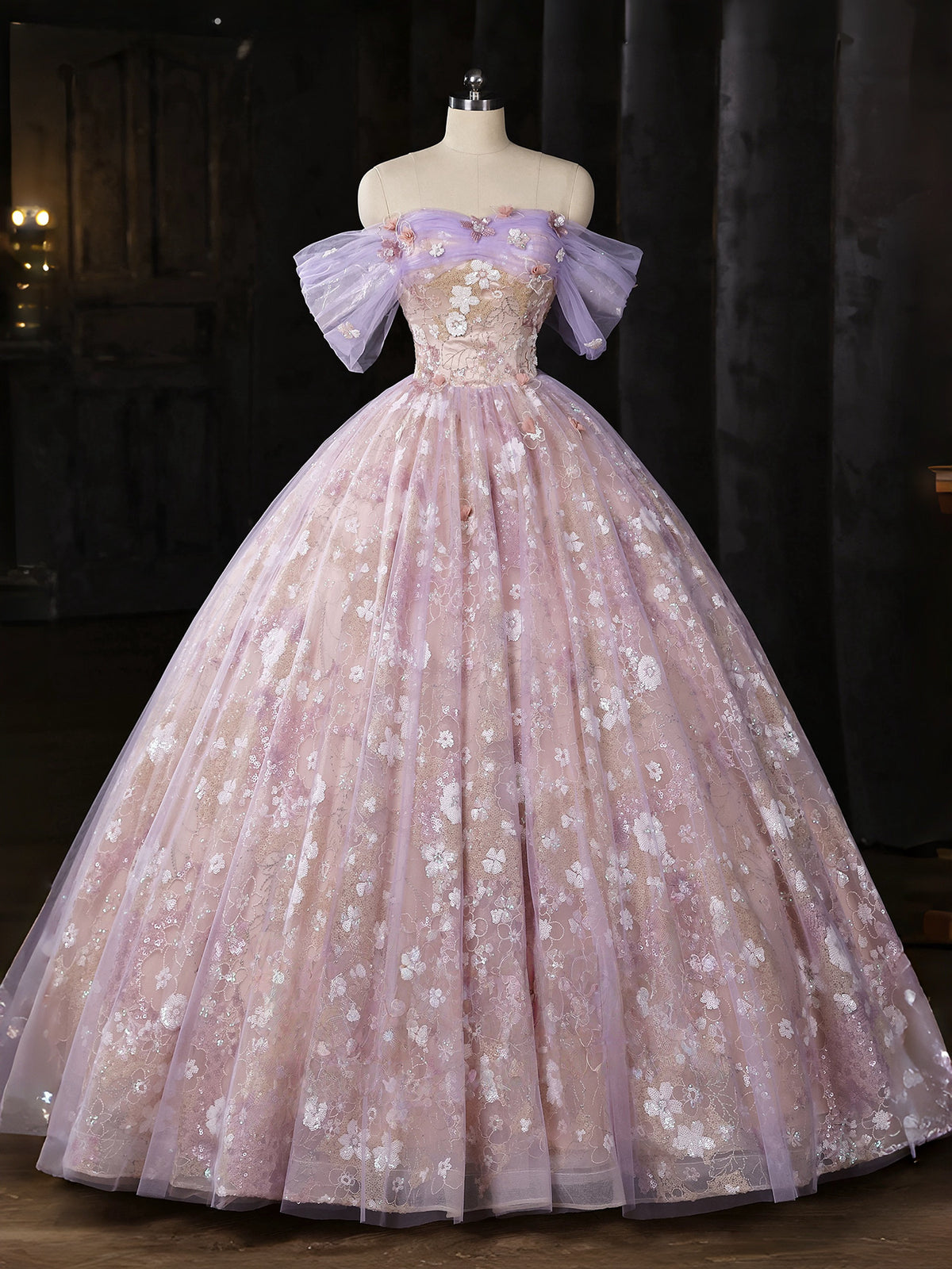 A-Line Sweetheart Neck Off Shoulder Tulle Lace Purple Long Prom Dress