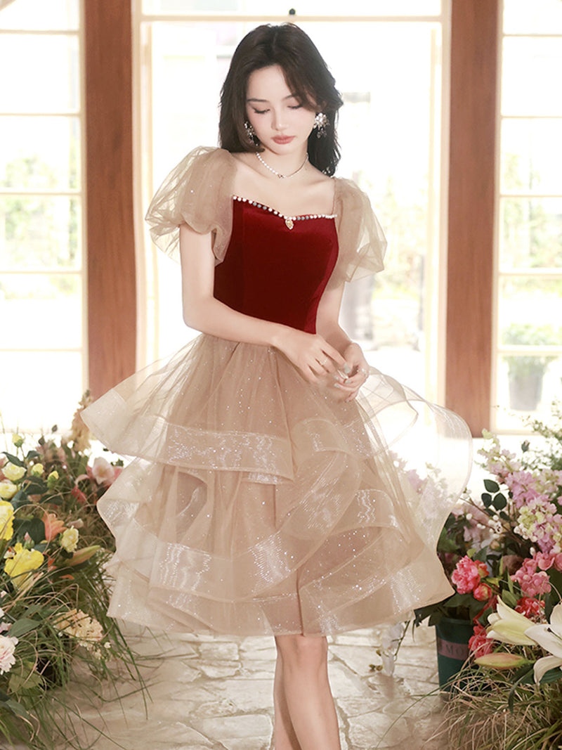 A-line Tulle Ruffle Cute Sweetheart Homecoming Dresses US 10 / Burgundy A-line Tulle Ruffle Cute Sweetheart Homecoming Dresses US 10 / Burgundy