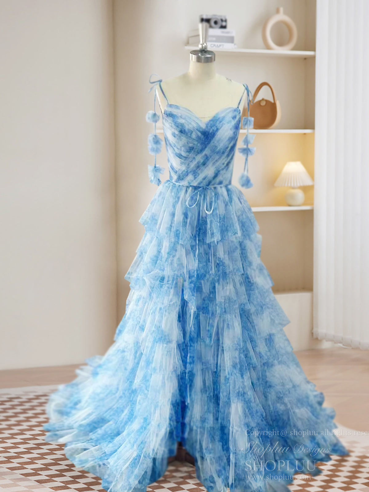 A-Line Tulle Blue Long Prom Dress, Blue Long Formal Dress