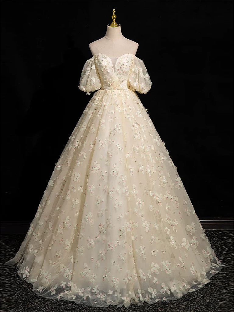 A-Line Puff sleeves Tulle Lace Champagne Long Prom Dress, Champagne Fo – shopluu