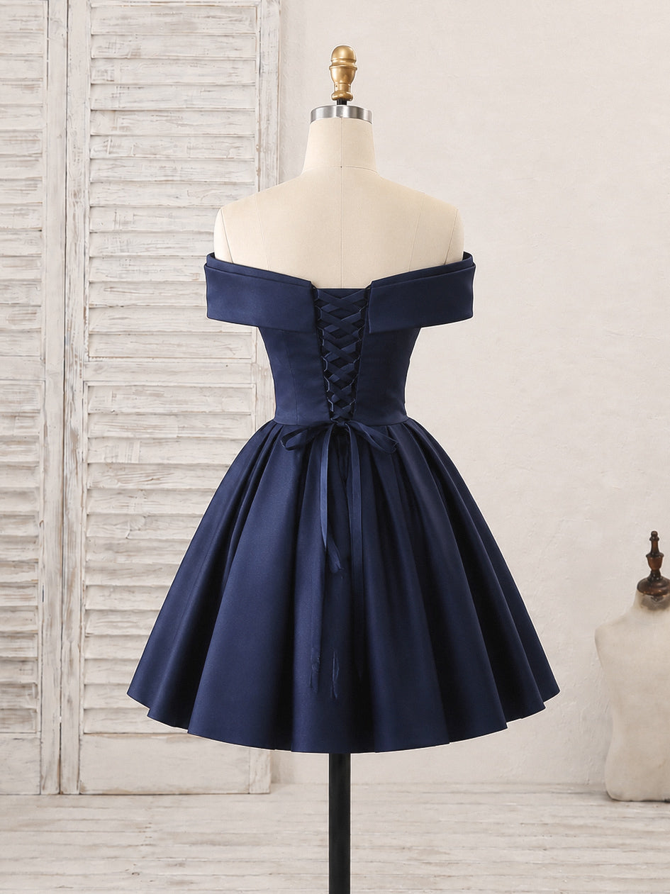 Simple A-line Off Shoulder Satin Dark Blue Short Prom Dress