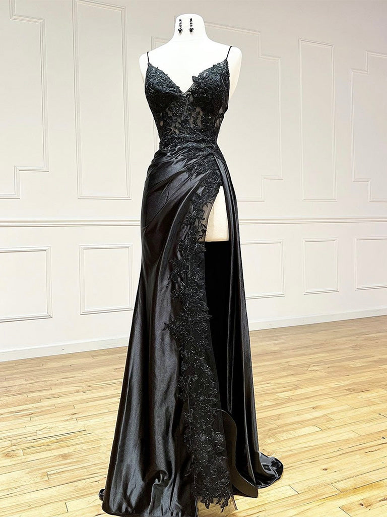 Black V Neck Satin Lace Long Prom Dress, Black Lace Long Evening