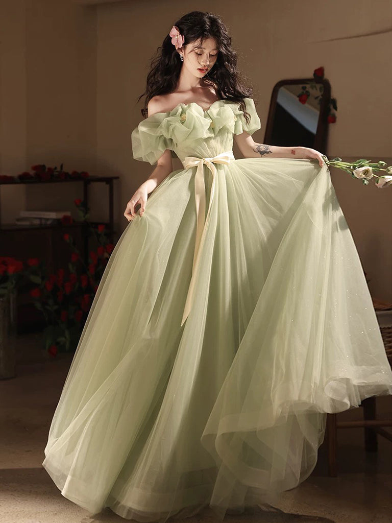 A-Line Off Shoulder Tulle Green Long Prom Dress, Green Long Formal Dre shopluu A-Line Off Shoulder Tulle Green Long Prom Dress, Green Long Formal Dre shopluu