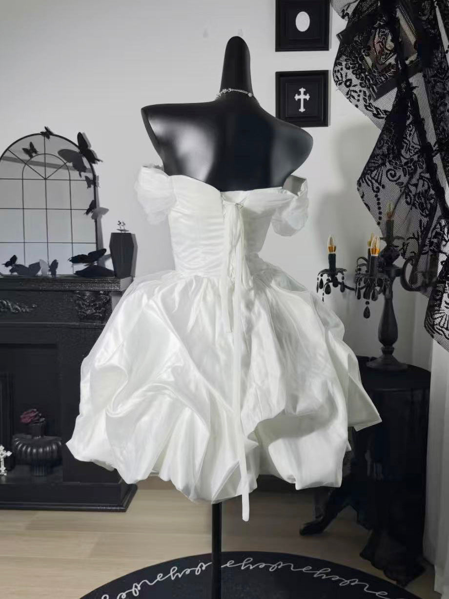 A-line Off Shoulder Tulle Satin White Short Homecoming Dress